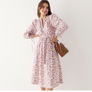 J.Crew cotton poplin V neck floral tie waist dress with pockets sz L